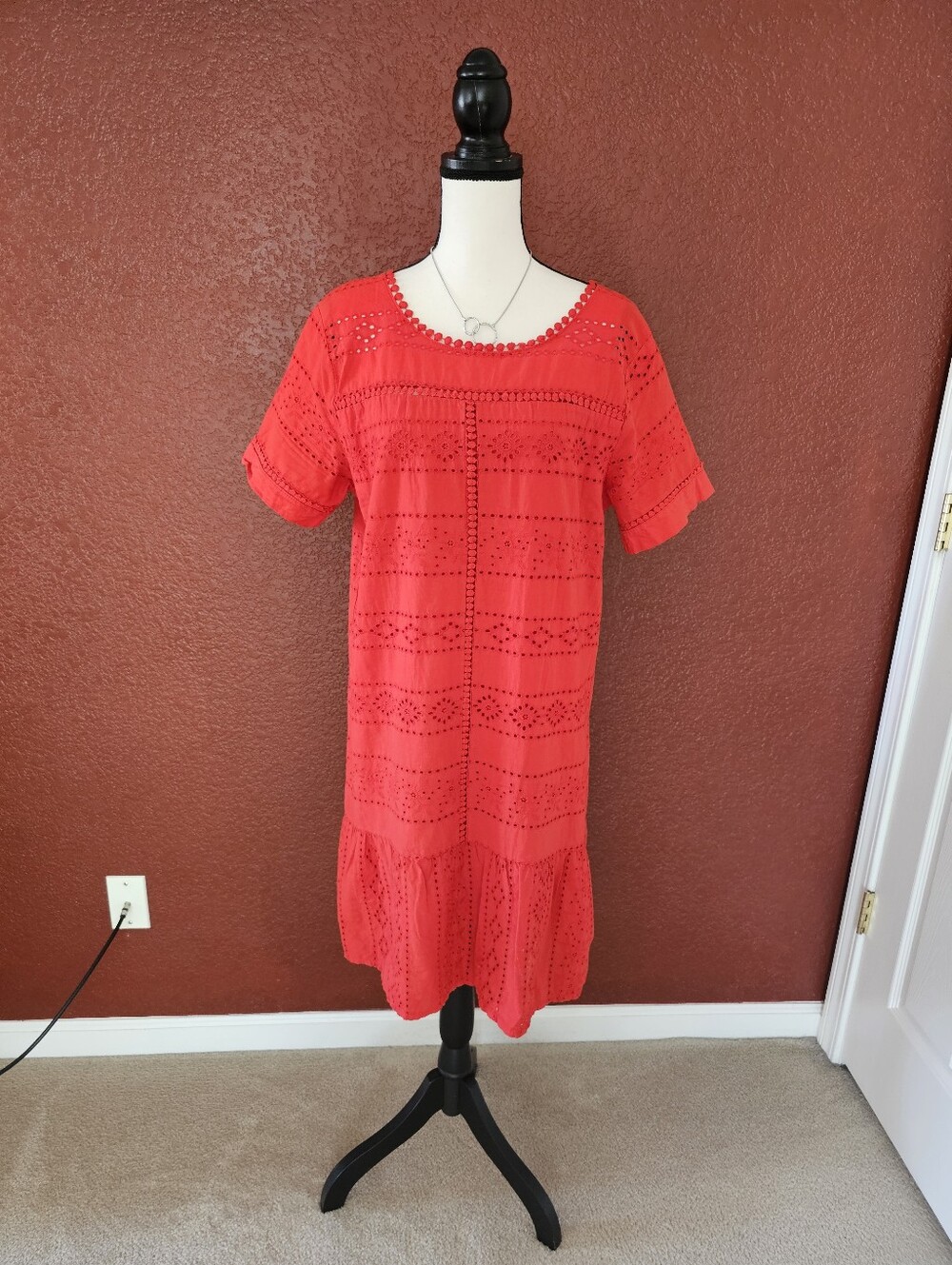 Eyelet Midi Dress in Bright Red with Short Sleeves